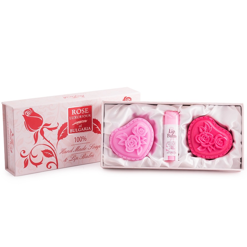 Dárková sada Rose Luxurious of Bulgaria  2 x mýdlo 1 x balzám na rty