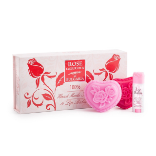 Dárková sada Rose Luxurious of Bulgaria  2 x mýdlo 1 x balzám na rty